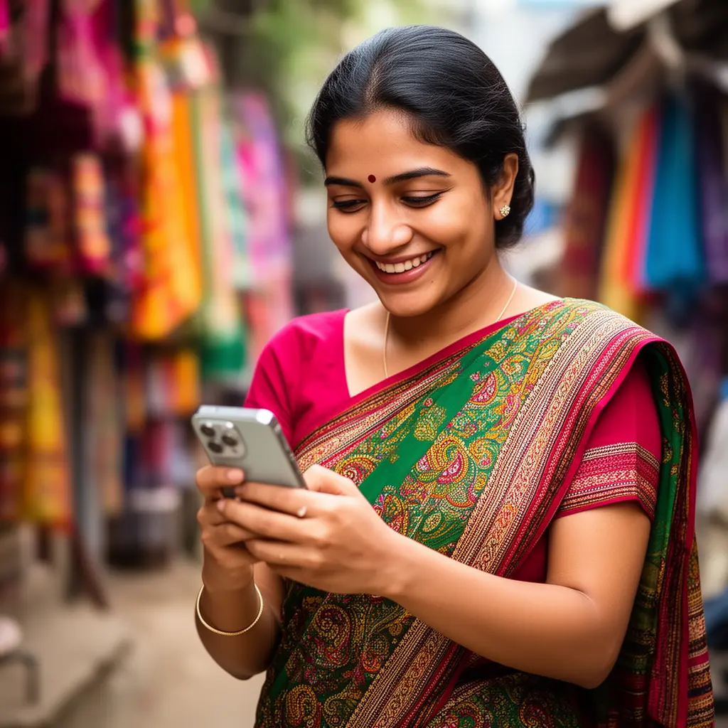 75DB App – Enjoy smooth and exciting mobile casino gaming in Bangladesh Happy Bangladeshi woman in a colorful sari browsing casino games on her phone with the 75DB app in a vibrant market setting