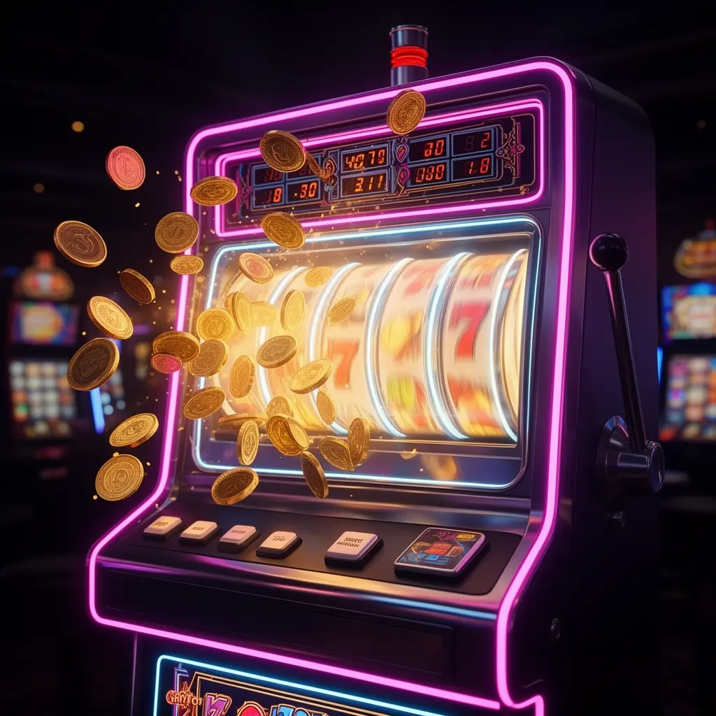 75DB – Experience the thrill of classic slot wins in Bangladesh Close up view of a classic casino slot machine with triple lucky sevens and gold coins bursting out symbolizing big wins at 75DB for players in Bangladesh